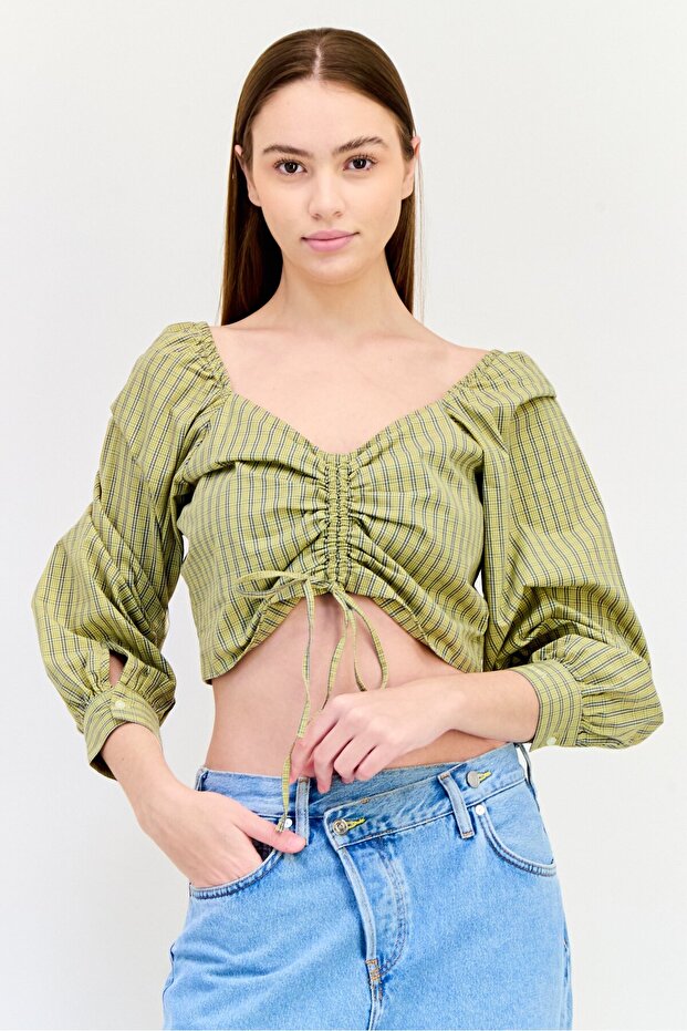 Women V-Neck Long Sleeve Tartan Print Crop Top, Multicolor