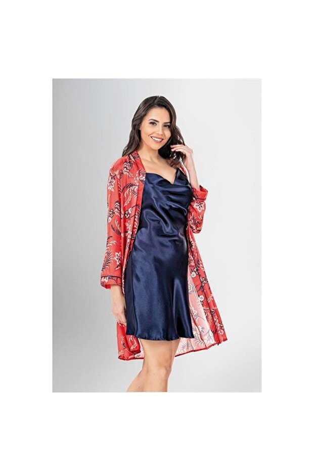 طقم روب حمام قصير مكون من قطعتين منقوش - 1