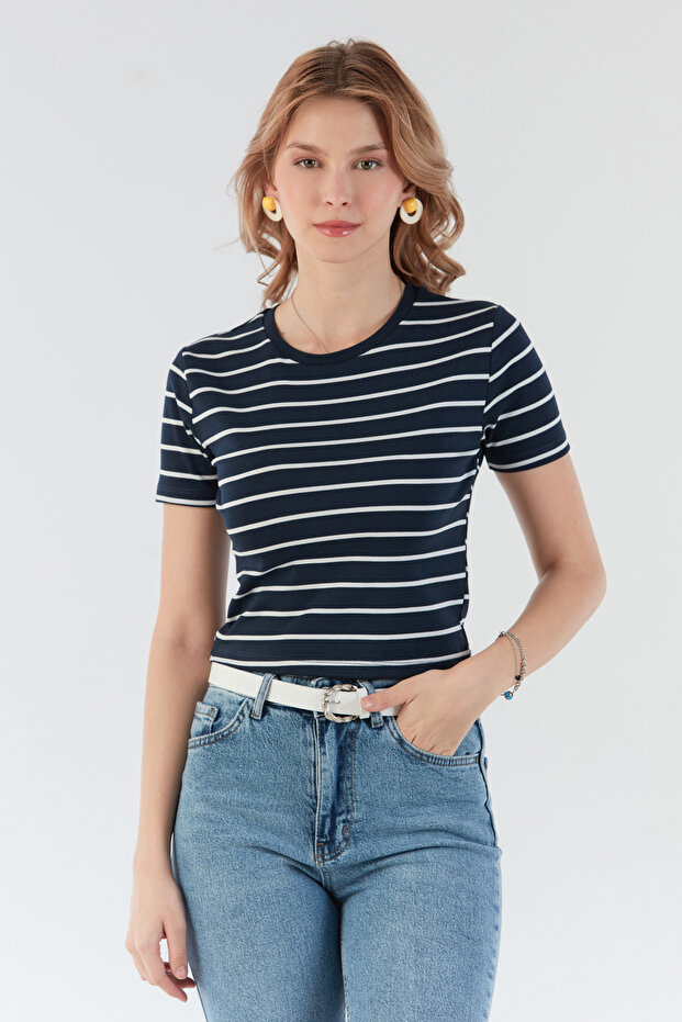 Basic Çizgili Crop Tişört - 1