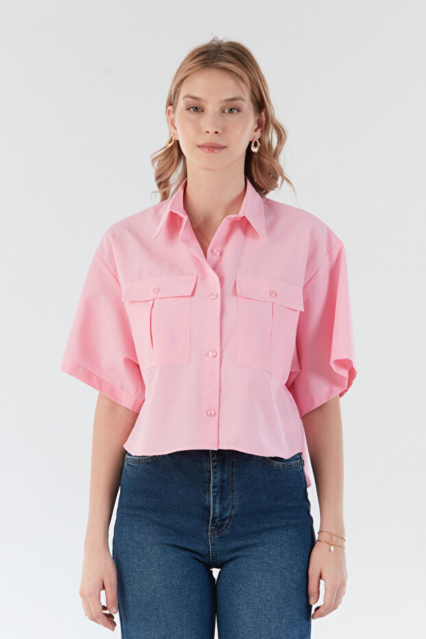 Basic Çift Cepli Arkası Uzun Crop Gömlek - 6