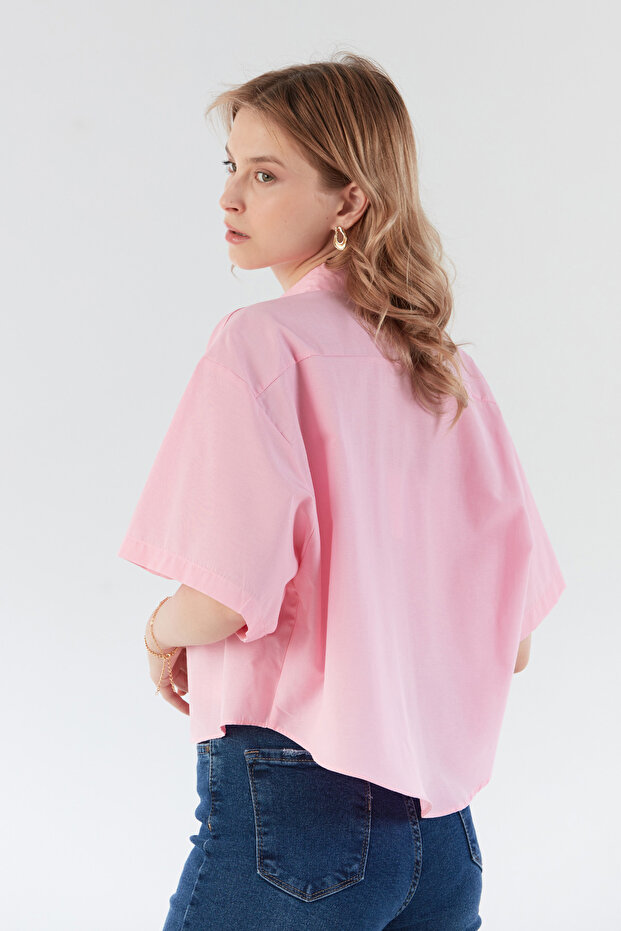 Basic Çift Cepli Arkası Uzun Crop Gömlek - 2