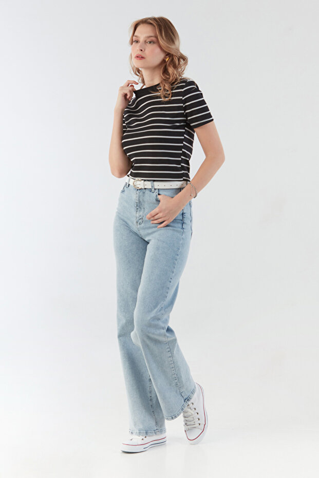 Basic Çizgili Crop Tişört - 4