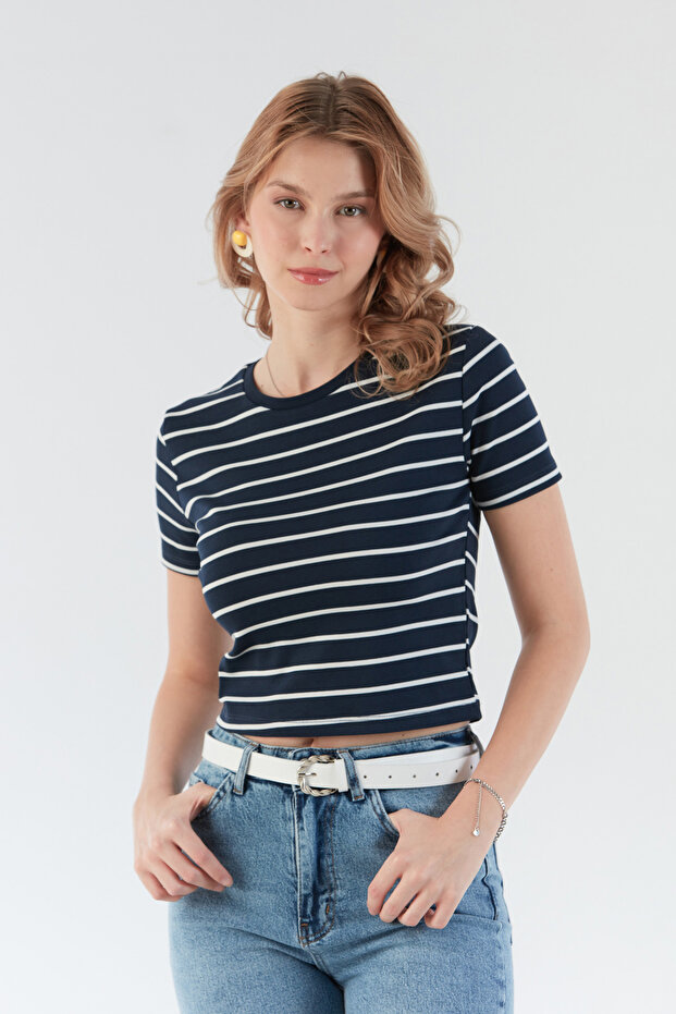 Basic Çizgili Crop Tişört - 4