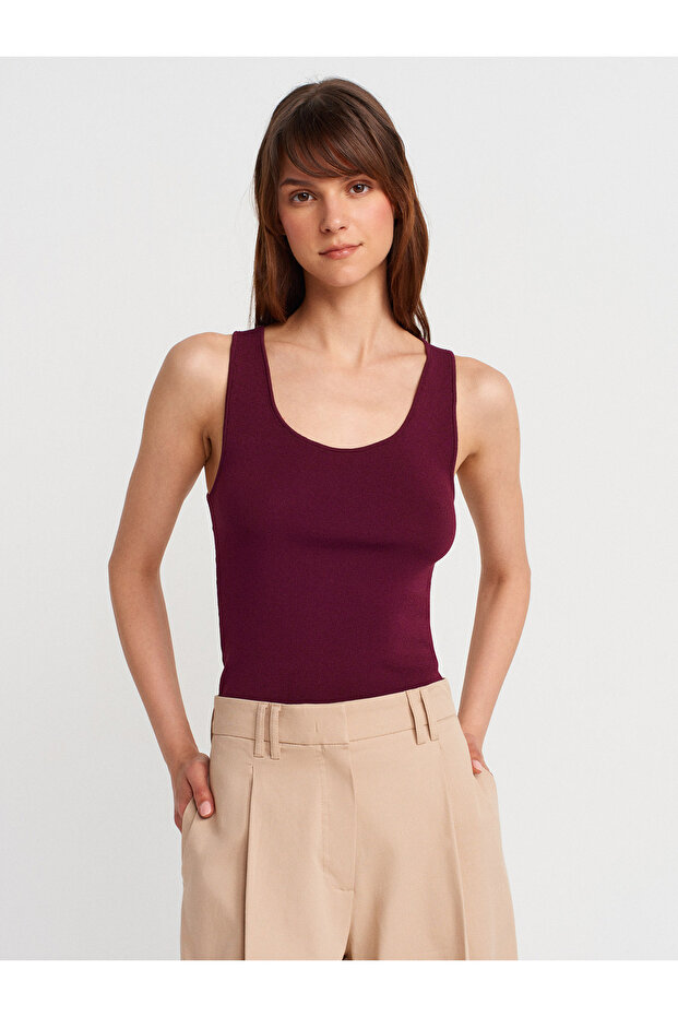 10746 Kalın Askılı Basic Triko Bluz-Bordo - 3