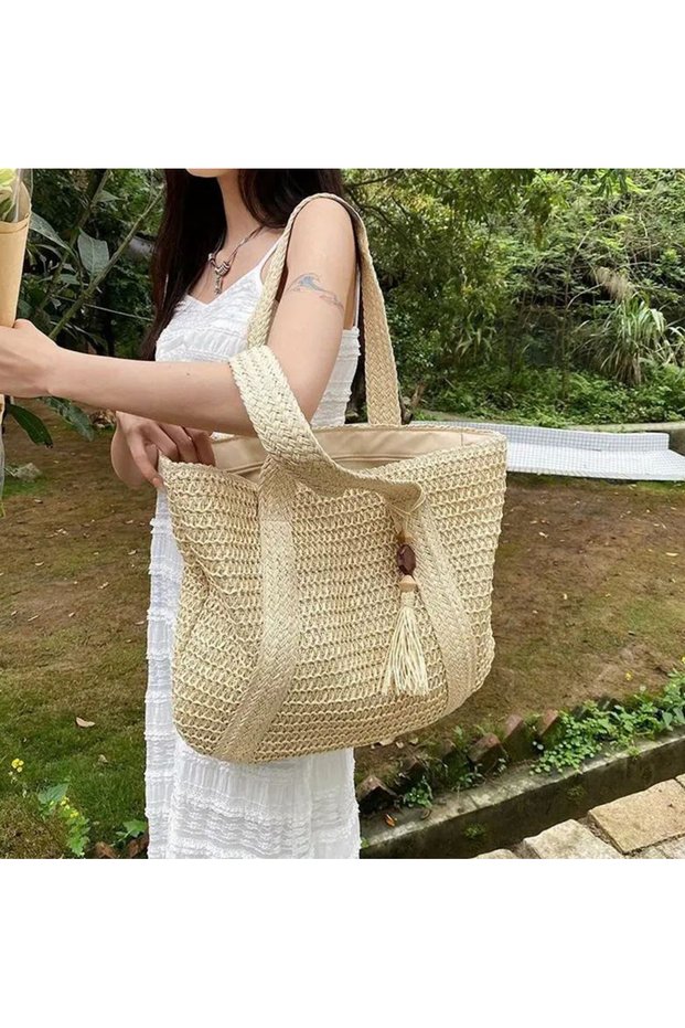 Large Size Straw Zippered Beach Bag