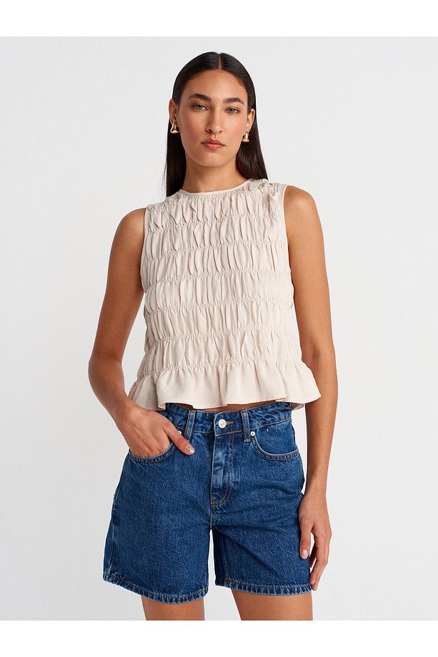 71996 Basic Orta Boy Denim Şort-Mavi - 4