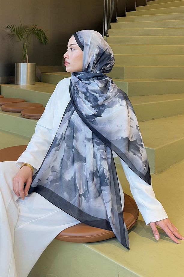 Elegan Desen Pamuk Şal Siyah - 4