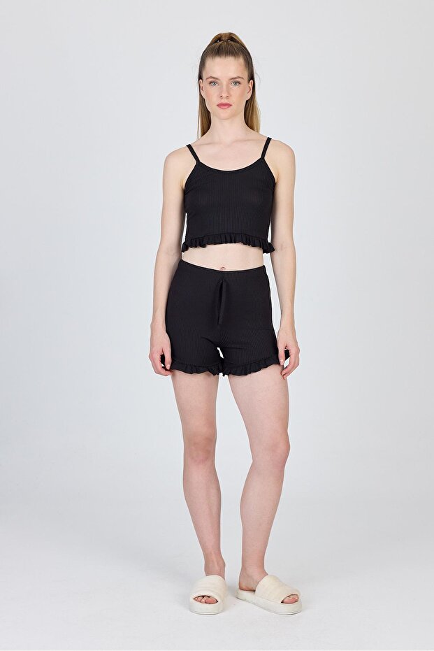 Black Rope Strap Ruffle Shorts Set 0703 - 3