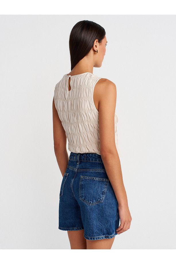 71996 Basic Orta Boy Denim Şort-Mavi - 2