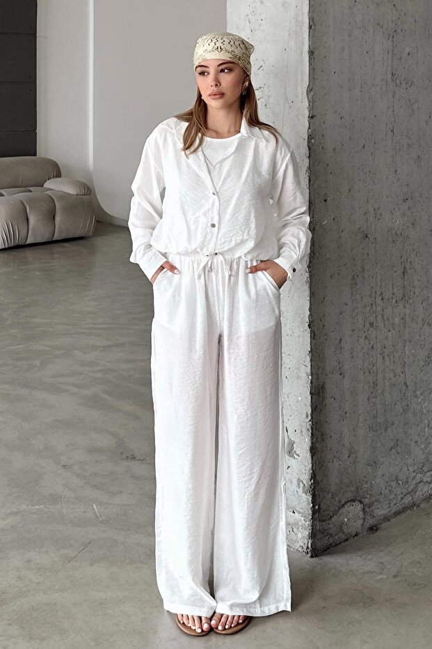 Comfortable Fit Crush Pants with Elastic Waist White 7583