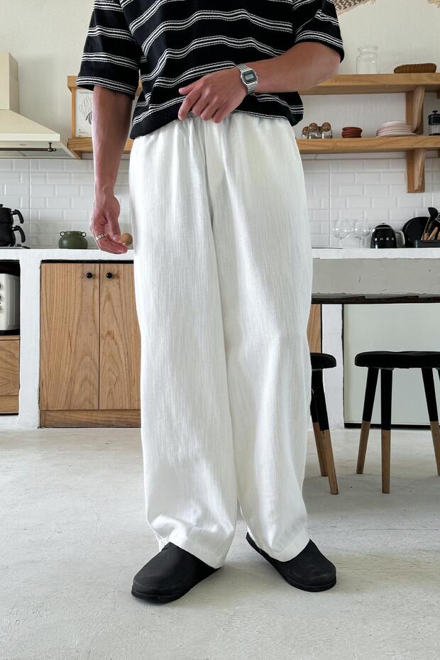 Elastic Waist Linen Baggy Trousers White