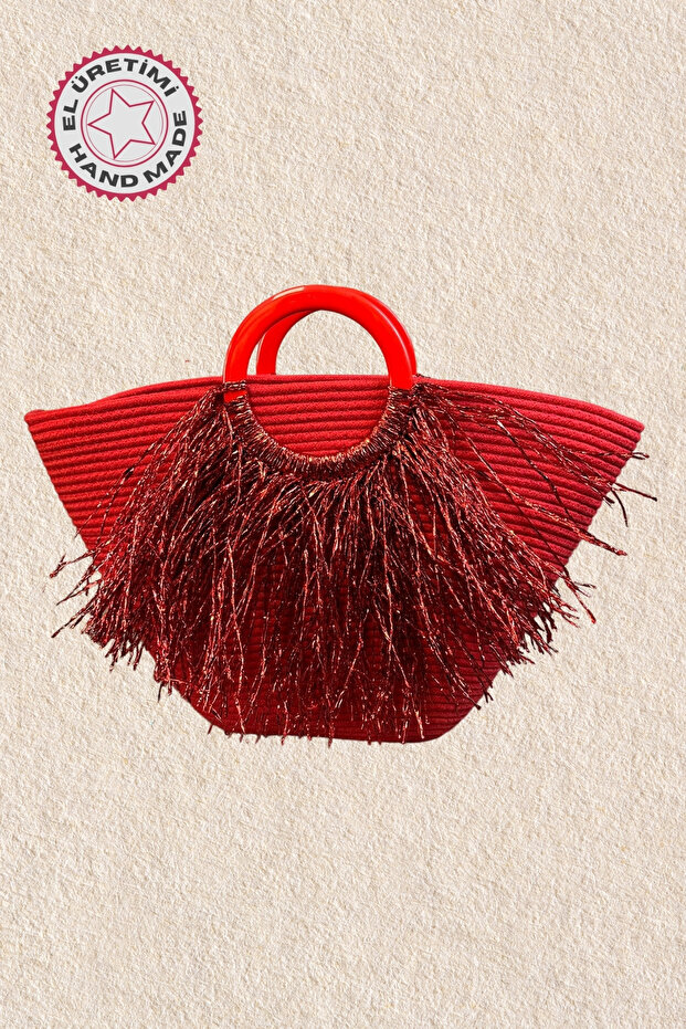 - Ayşe 4723 3884 Handmade Tress Rope Round Handle Metallic Rope Tassel Detailed Beach Bag -