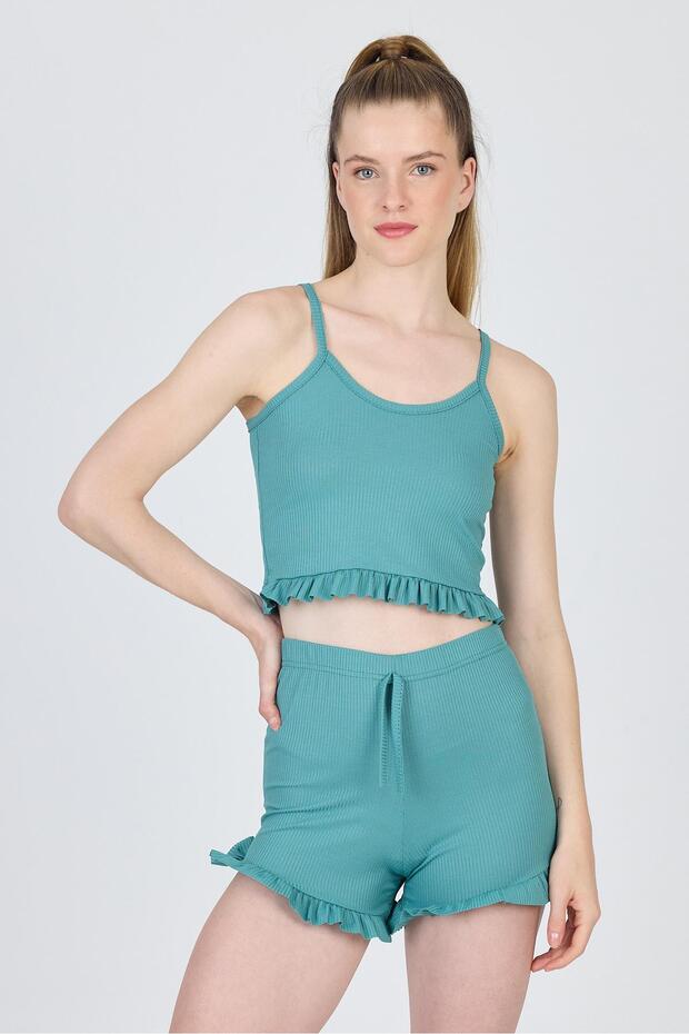 طقم شورت مكشكش بحبل أخضر 0703 - 1