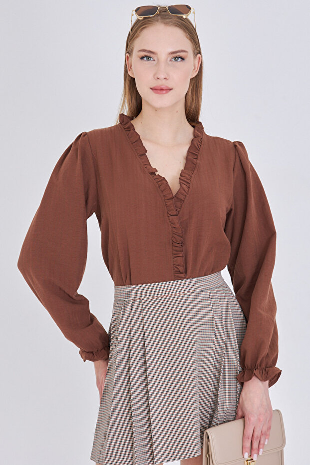 Women's Light Brown Collar and Front Ruffle Detail Long Sleeve Blouse with Elastic Sleeves Arm-25K001030