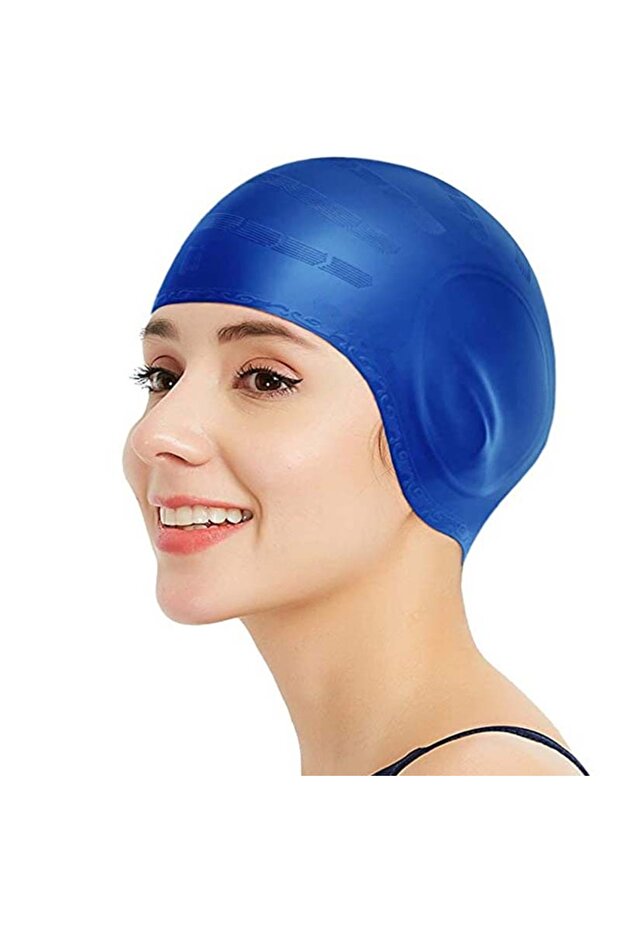 Blue DIZETION Waterproof Swimming Cap High Elasticity Ears Protection Large Silicone Diving Cap for
