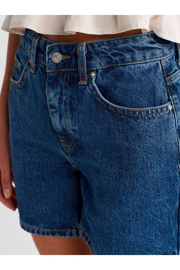 71996 Basic Orta Boy Denim Şort-Mavi - 3