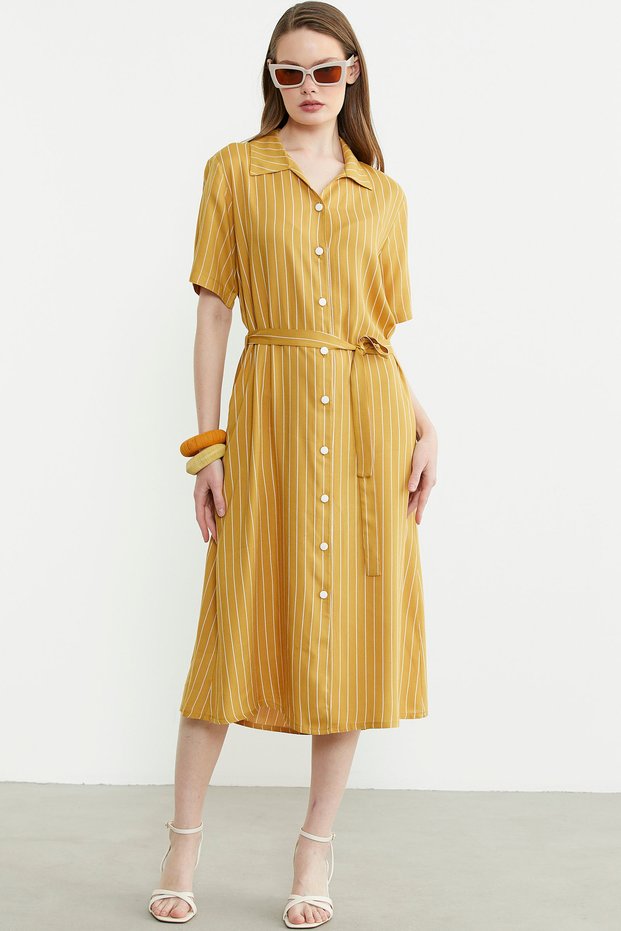 Button Midi Length Shirt Dress - Mustard