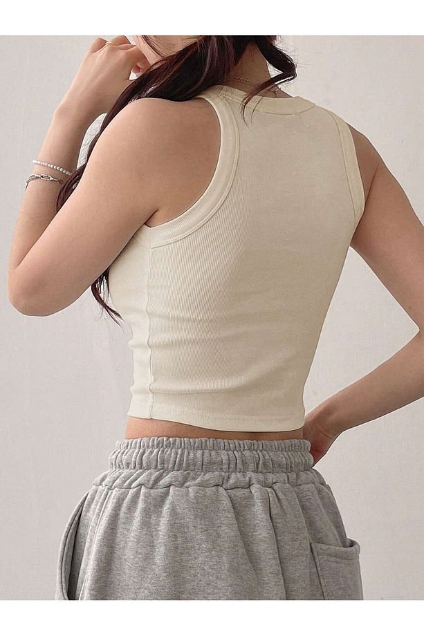 Kadın Bej Fitted/Vücuda Oturan Crop Halter Yaka Fitilli Esnek Örme Atlet - 4