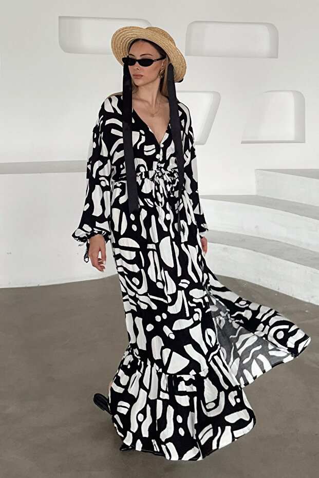 V-Neck Slit Detailed Patterned Dress Black 9350-E