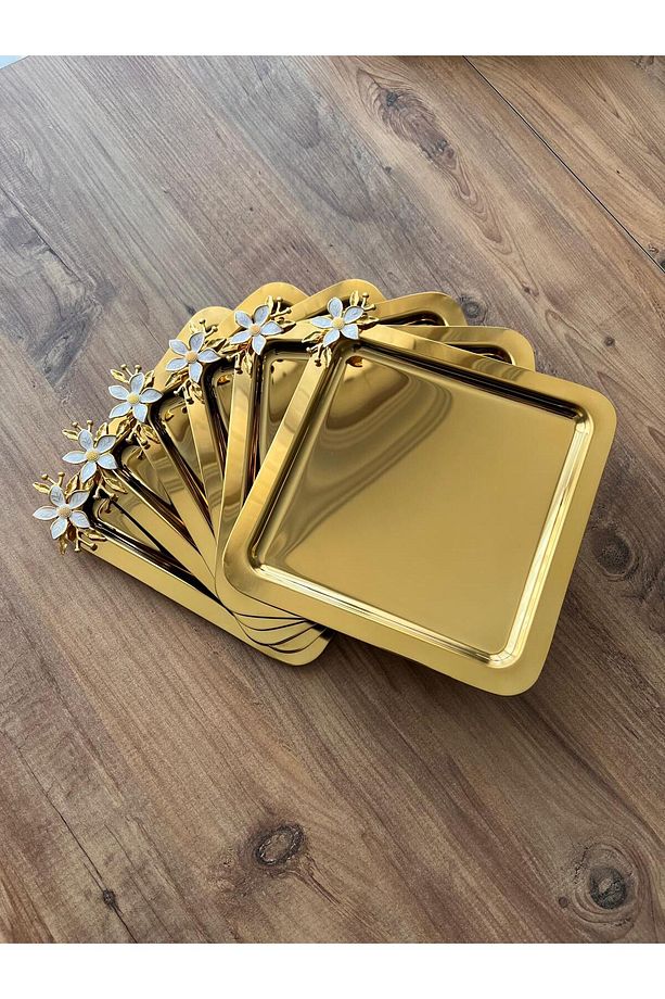 6 Adet Mineli Papatya Aksesuarlı Gold Kare Sunum,kahve Tepsisi - 4