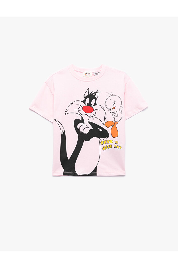 Licensed Tweety and Sylvester Printed Short Sleeve Crew Neck Cotton T-Shirt