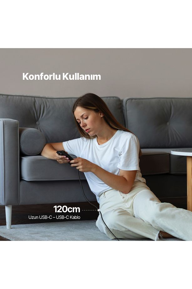 ExtremeCable Ekstra Dayanıklı Transparan USB-C –USB-C 60W PD/QC 120cm Hızlı Şarj/Data Kablosu , - 3