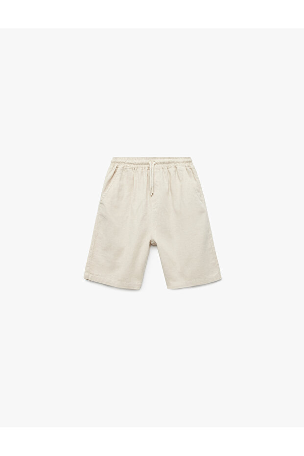 Linen Blend Bermuda Shorts with Pockets and Lace-Up Waist
