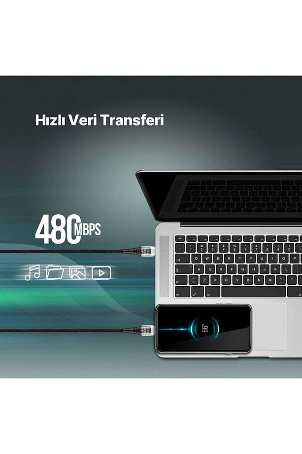 ExtremeCable Ekstra Dayanıklı Transparan USB-C –USB-C 60W PD/QC 120cm Hızlı Şarj/Data Kablosu , - 4