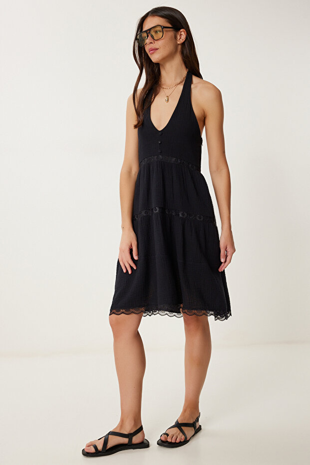 Mini Muslin Dress with Lace Stripe Black Lhf0030