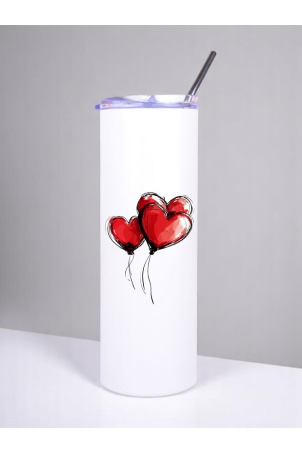 Heart Balloon Printed Steel Thermos with Straw 600 ml