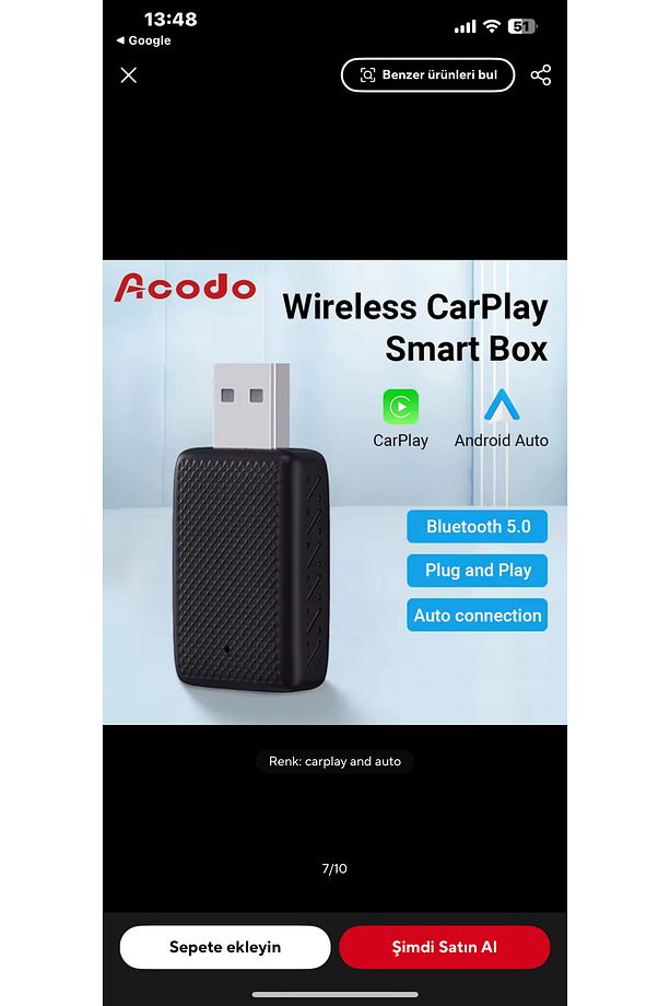 Kablosuz Car Play Adaptörü Android Cihazlar Için, Wireless Carplay Çevirici 2 in 1 - 8