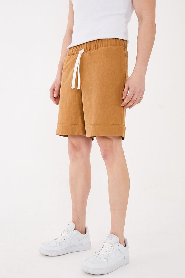 %100 Pamuk Şile Bezi Relaxed Fit Unisex Kısa Şort Camel Renk - 1