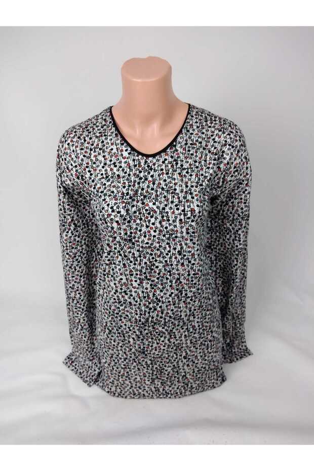 Women's Black Beige U-Neck Long Sleeve Patterned Slit Woven Viscose Mother Combed Cotton T-Shirt