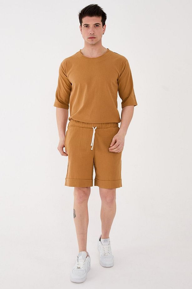 %100 Pamuk Şile Bezi Relaxed Fit Unisex Kısa Şort Camel Renk - 8