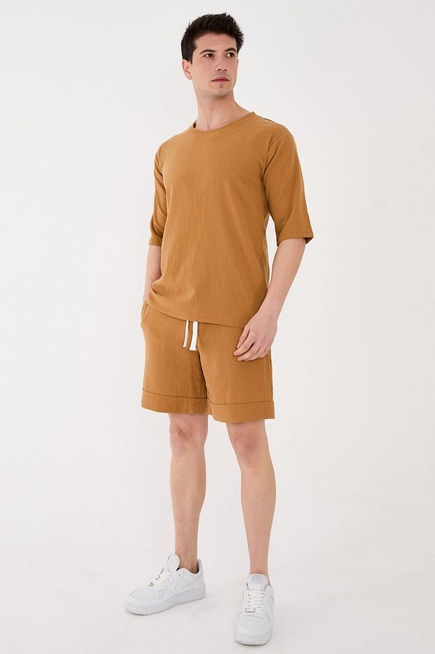 %100 Pamuk Şile Bezi Relaxed Fit Unisex Kısa Şort Camel Renk - 6