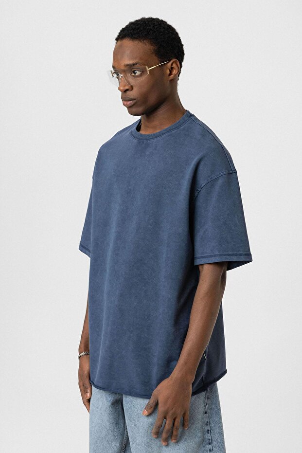 Yıkamalı Basic Oversize Tişört İndigo - 4