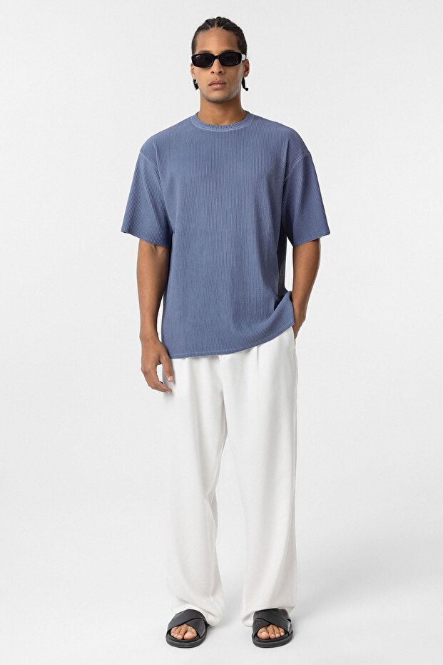 Yıkamalı Ottoman Basic Oversize Tişört İndigo - 1