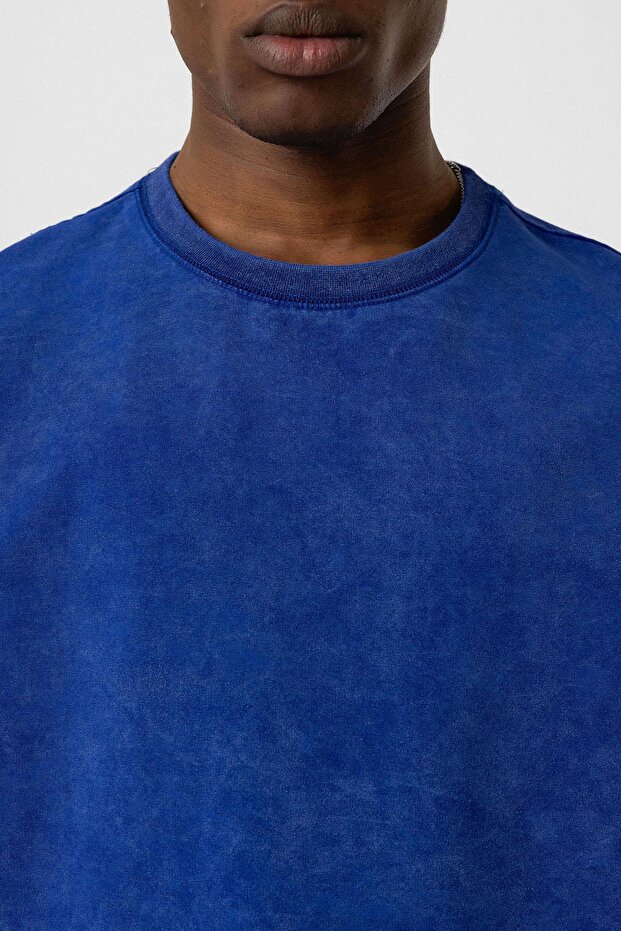 Yıkamalı Basic Oversize Tişört Saks - 6