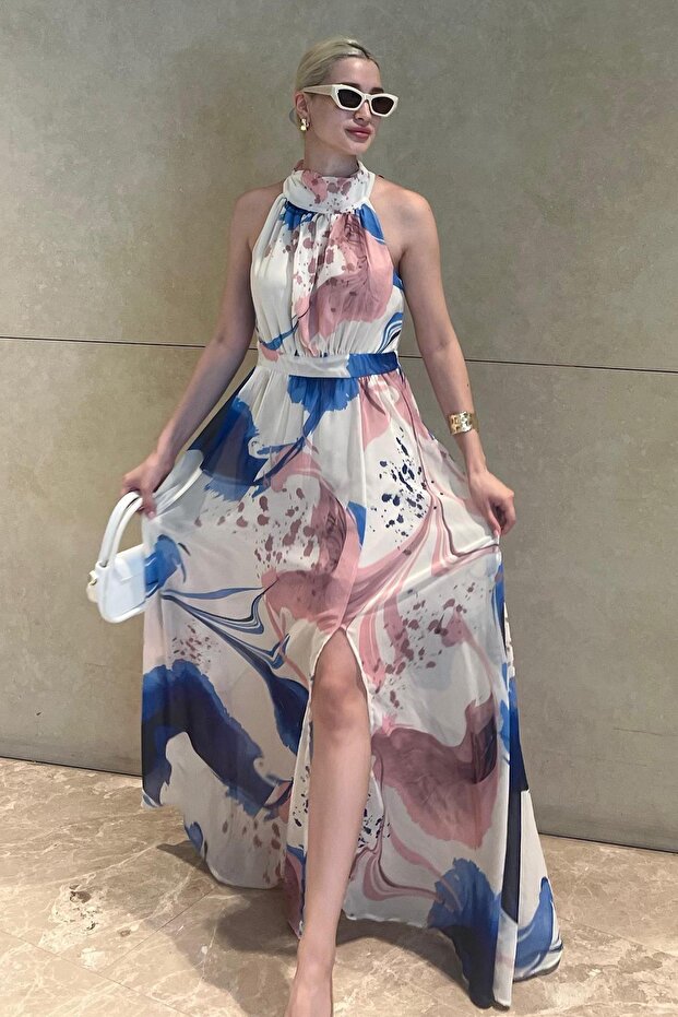 Blue Patterned Slit Long Length Women's Dress Mg2477