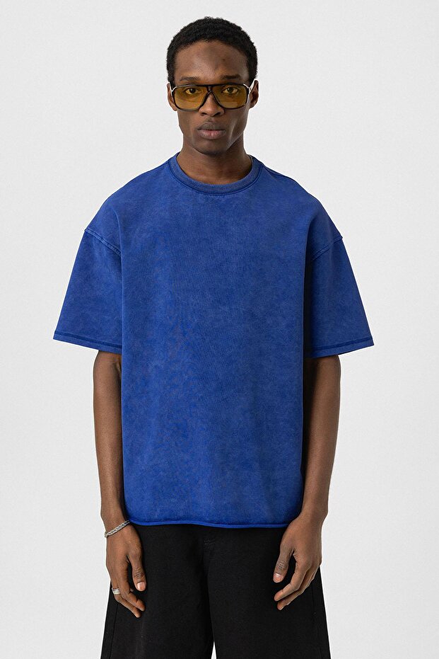 Yıkamalı Basic Oversize Tişört Saks - 3