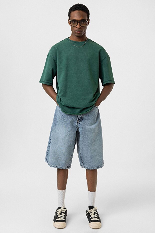 Yıkamalı Basic Oversize Tişört Nefti - 1