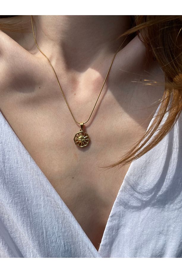 Sunyface Minimal Güneş Gold Çelik Kolye - 1