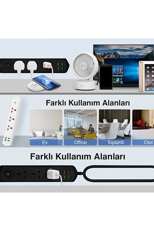 4 FİŞ + 4 USB + 2 Type-C Girişli Akım Korumalı Priz | 3000W Güç, Maksimum Verim - 7
