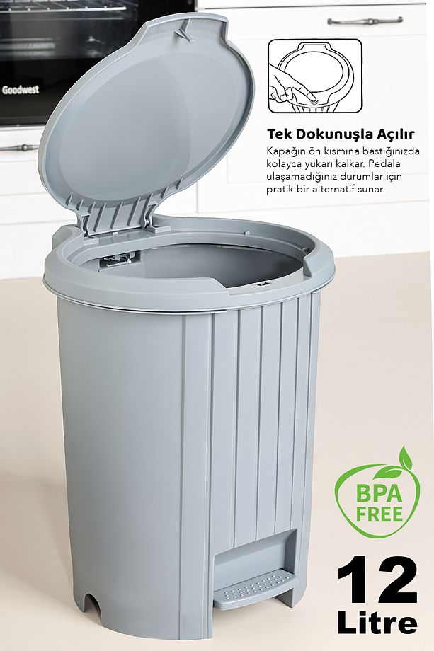 Bas Aç Kapaklı Çöp Kovası - Click Kapak Pedallı Çöp Kovası Banyo Mutfak Çöp Kovası 12 Litre Gri - 2