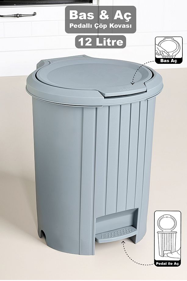 Bas Aç Kapaklı Çöp Kovası - Click Kapak Pedallı Çöp Kovası Banyo Mutfak Çöp Kovası 12 Litre Gri - 1