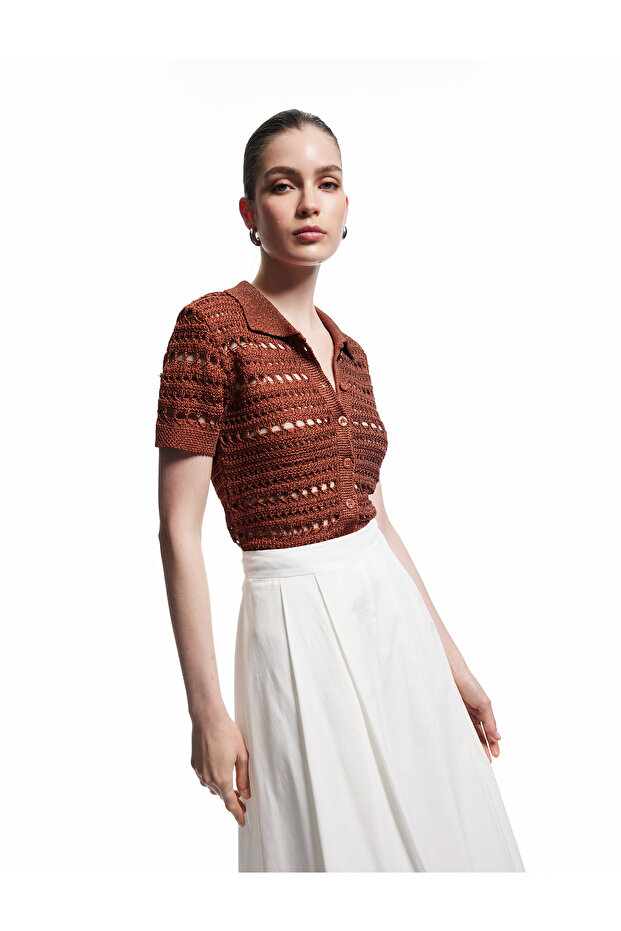 X Melis Ağazat - Openwork Short Sleeve Polo Neck Crochet Cardigan