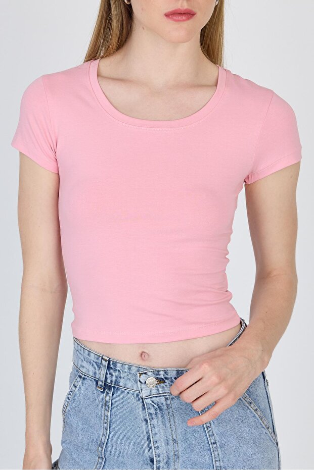 تي شيرت قصير أساسي برقبة دائرية باللون الوردي 9200M - 4
