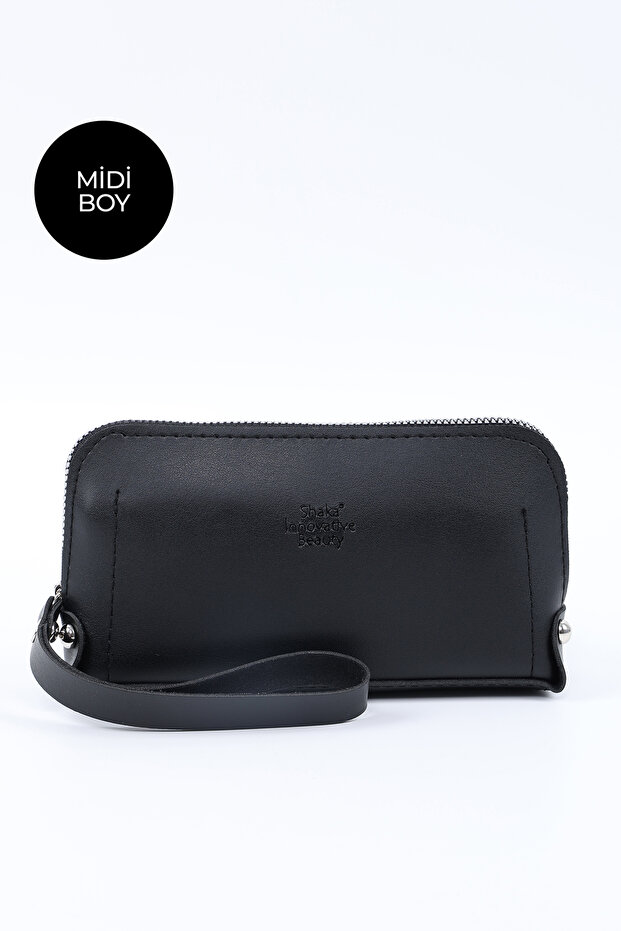 Black Shk222 Faux Leather, Zippered, 4 Compartments, Strap Phone Wallet and Handbag