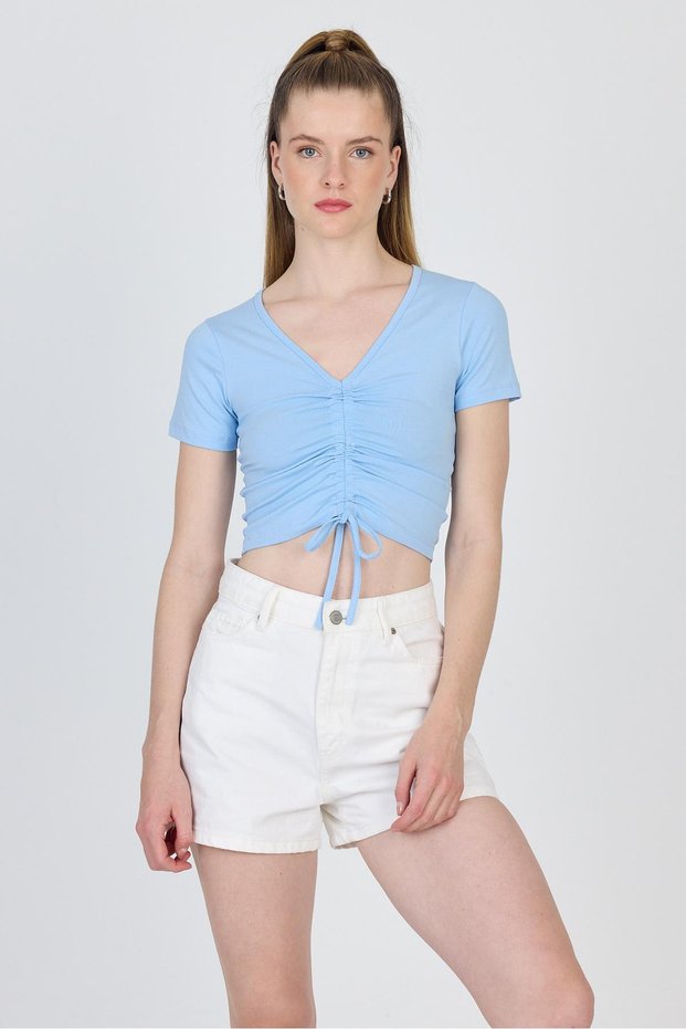 Blue V-Neck Gathered Crop T-Shirt 9201m