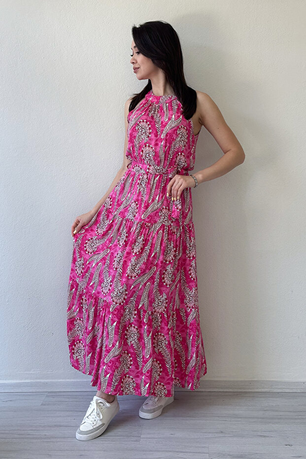 Women's Ethnic Patterned Halter Neck Summer Dress Fuchsia, Blue